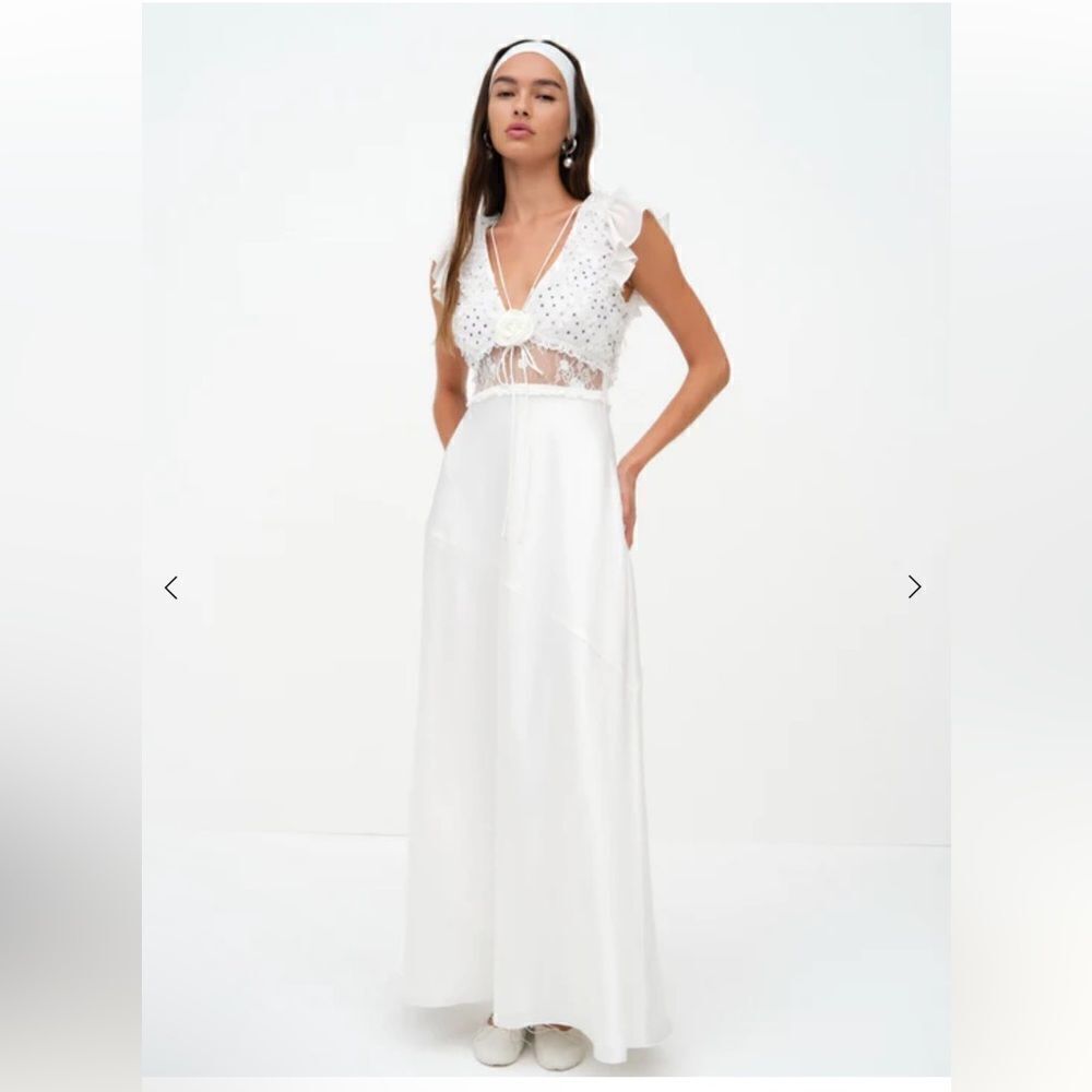For Love And Lemons Carmen maxi dress white rosette dot print slip bridal NWT L - Picture 3 of 15